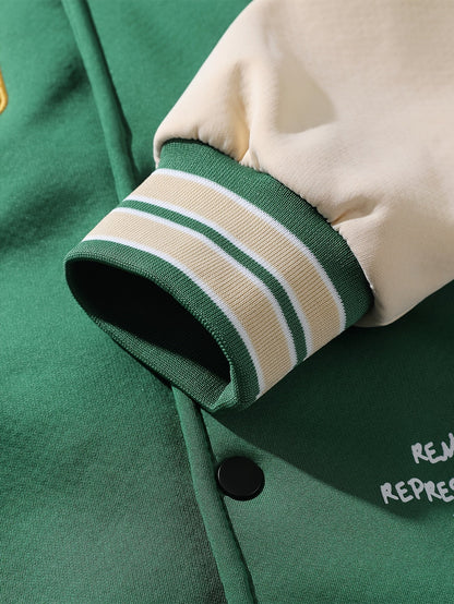 Blouson Teddy Homme Vert et Crème Doublé Capuche Style Universitaire