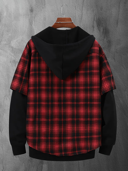 Veste à capuche pour homme motif carreaux rouge et noir style superposé