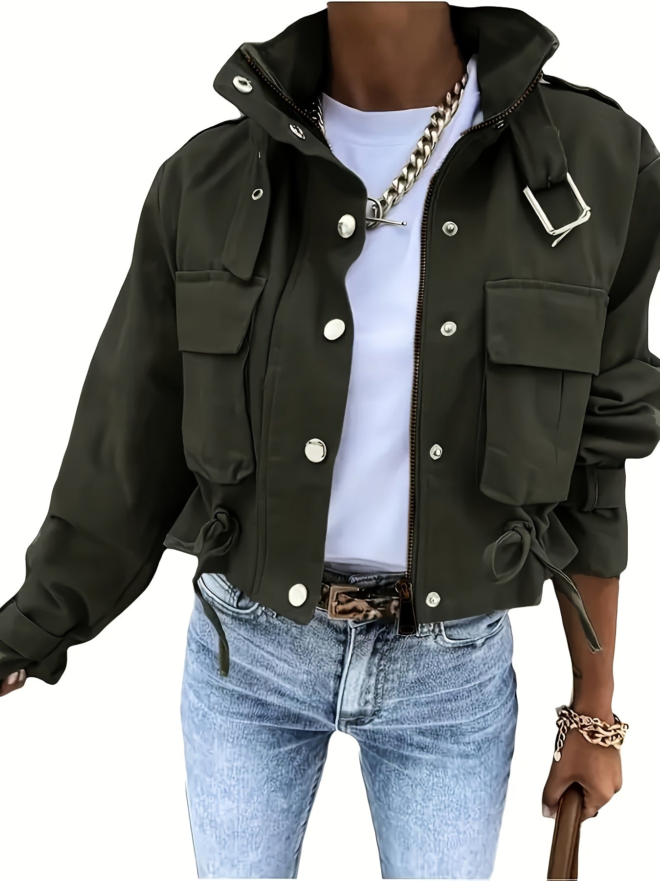 Veste Courte Cargo pour Femme à Boutons et Ceinture Boucle Couleur Unie