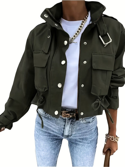 Veste Courte Cargo pour Femme à Boutons et Ceinture Boucle Couleur Unie