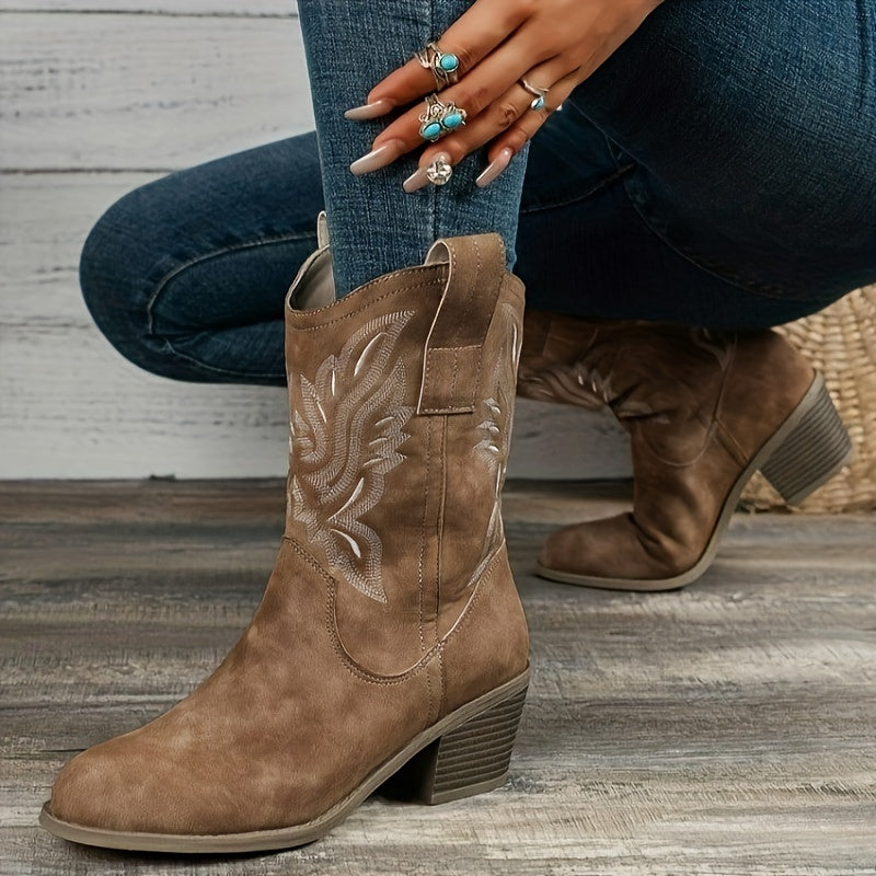 Westernstiefel für Damen im Cowboy-Stil, bestickt, mit Blockabsatz