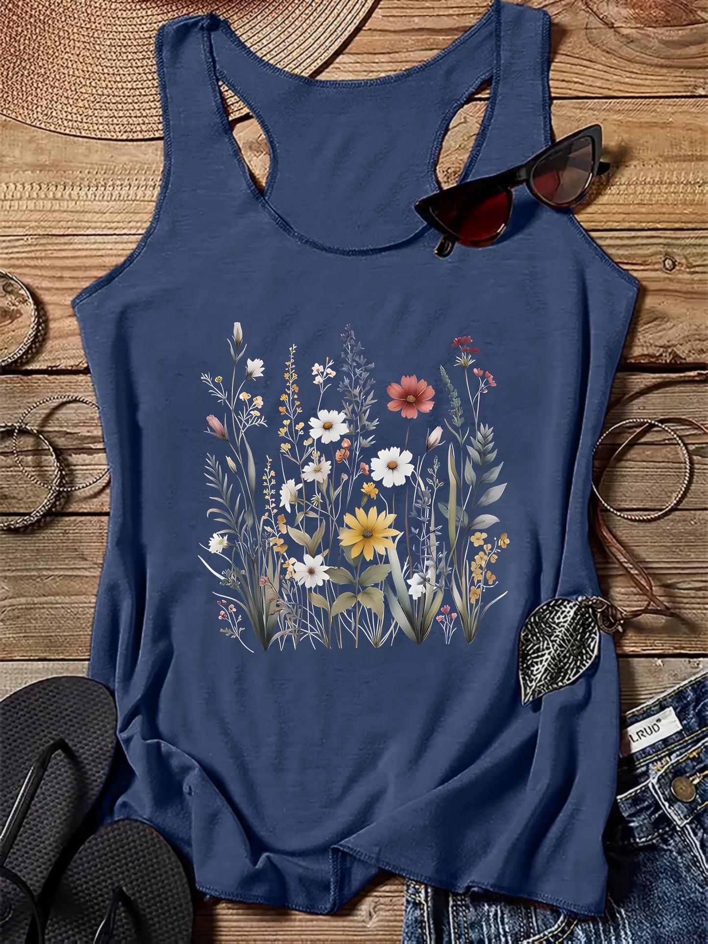 Camiseta sin mangas para mujer estilo bohemio con estampado floral campestre para el verano - Casual chic