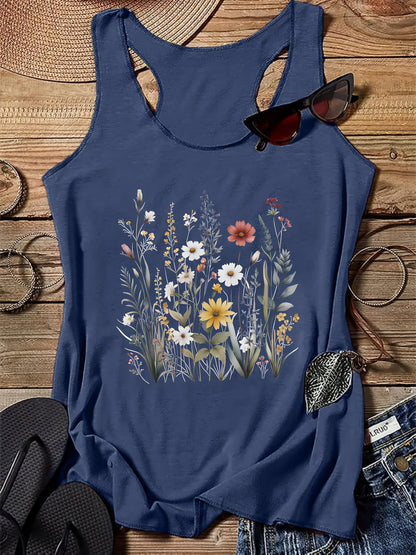 Camiseta sin mangas para mujer estilo bohemio con estampado floral campestre para el verano - Casual chic