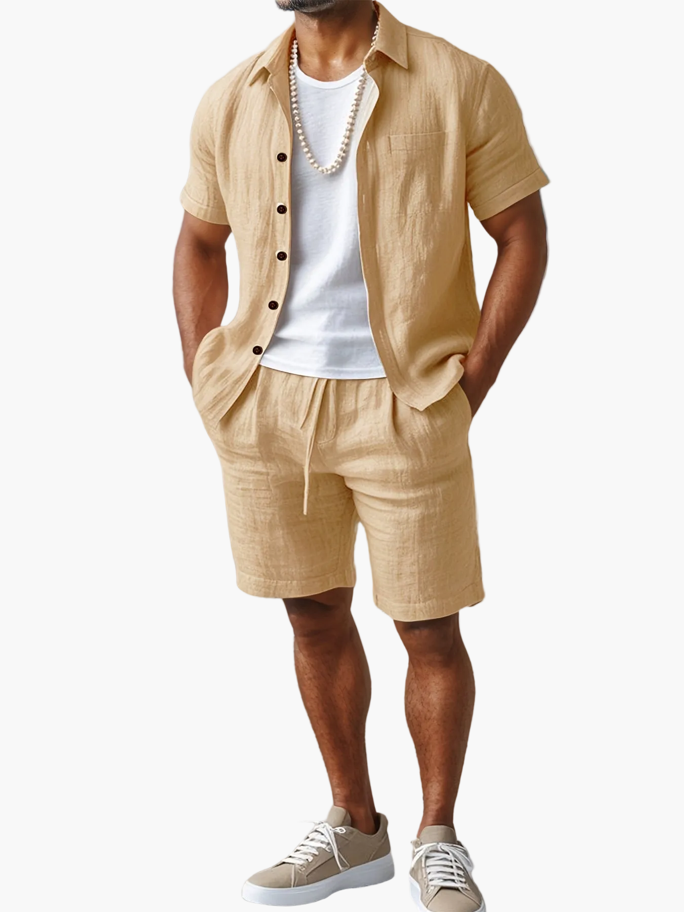 Ensemble décontracté pour homme style bohème – chemise manches courtes et short idéal plage et été