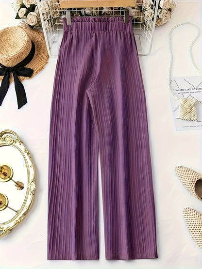 Pantalon large droit à taille élastique avec ceinture nœud pour femme, style élégant décontracté