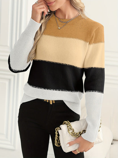 Pull rayé color block col rond tricoté pour femme