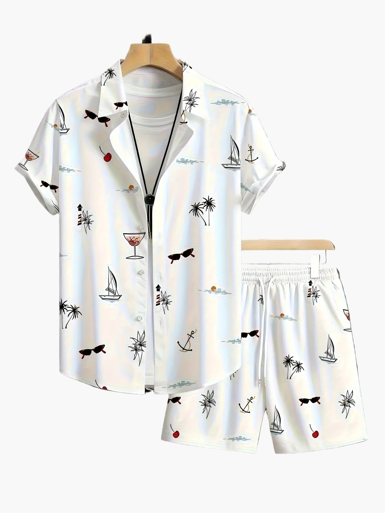 Completo casual uomo stampa vacanze – camicia maniche corte e pantaloncini, stile estivo
