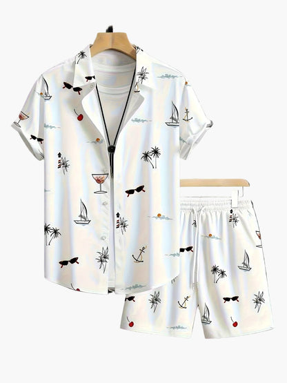 Completo casual uomo stampa vacanze – camicia maniche corte e pantaloncini, stile estivo