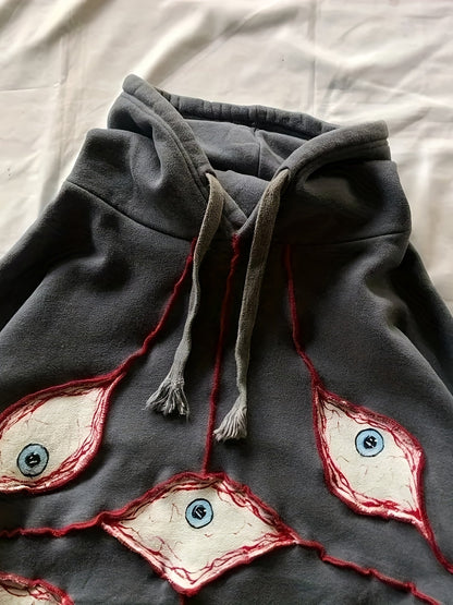 Sweat à Capuche Gris Anthracite Ample avec Motifs Yeux Stylisés