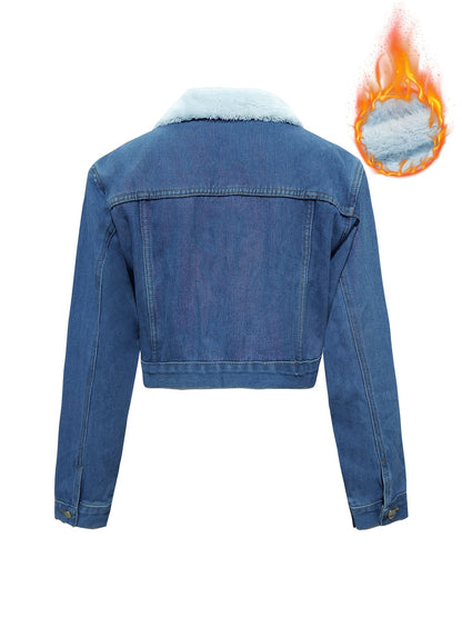 Veste courte en denim bleu avec doublure douce pour femme