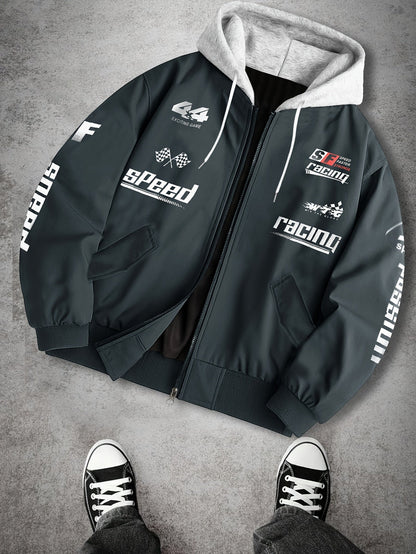 Blouson Bomber Homme Capuche Amovible Zippé avec Imprimés Racing Vert Clair