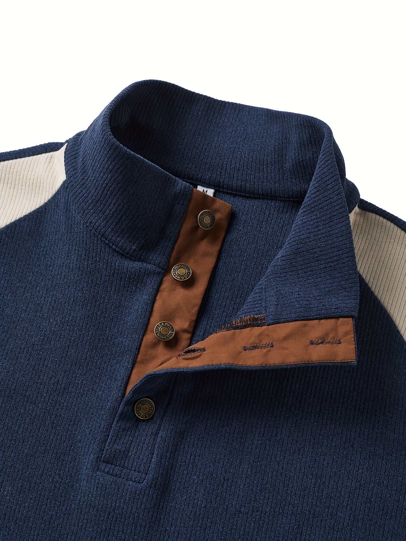 Pull Homme Col Montant Bleu Marine Crème avec Coudières Marron