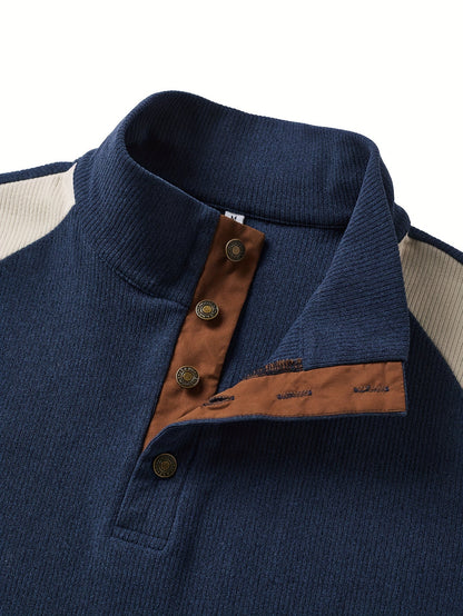 Pull Homme Col Montant Bleu Marine Crème avec Coudières Marron