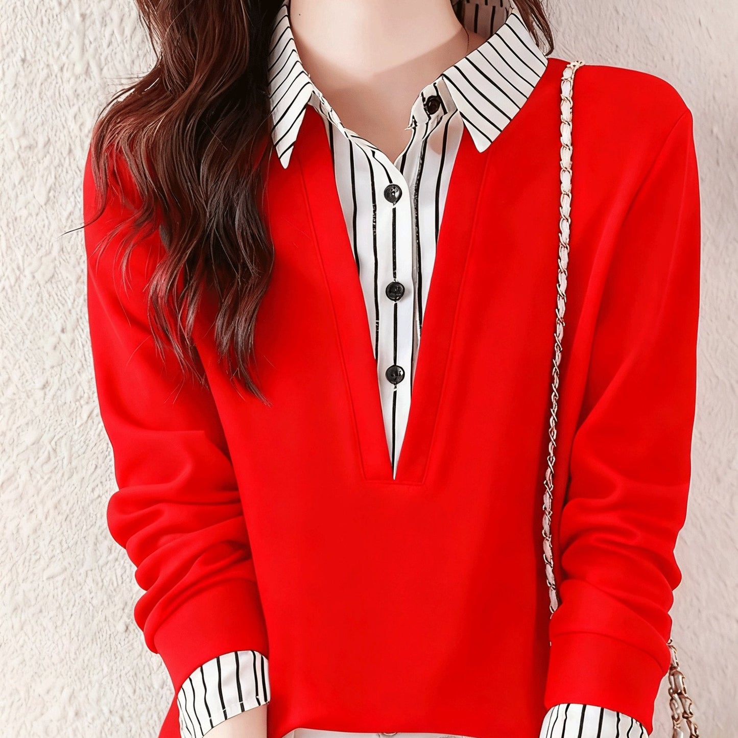 T-shirt Femme Col Chemise Rayé Manches Longues Faux Deux Pièces