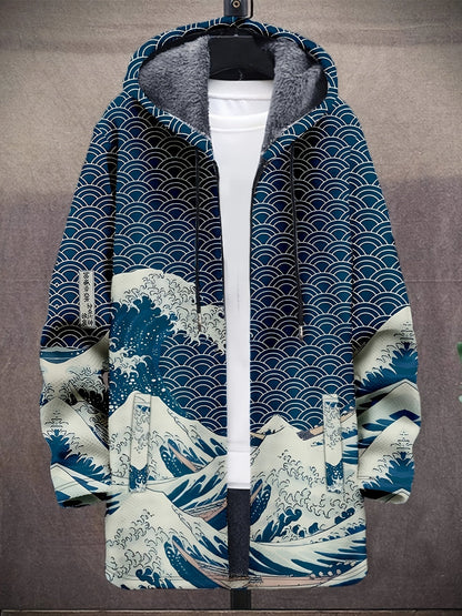 Manteau à capuche doublé en polaire imprimé fantaisie pour homme, fermeture éclair, motif vagues ou animaux