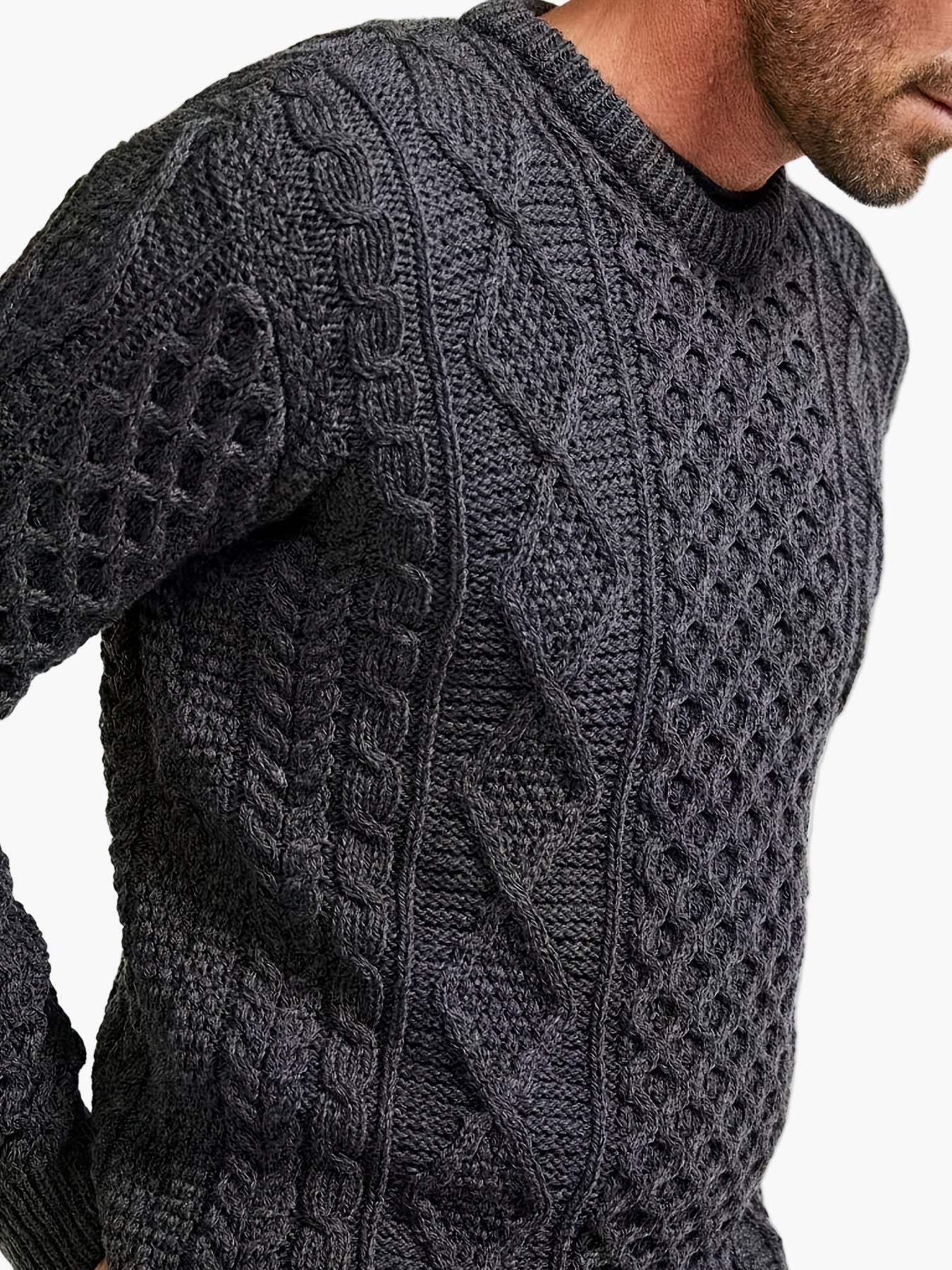 Męski sweter casual z okrągłym, warkoczowym kołnierzem na jesień i zimę