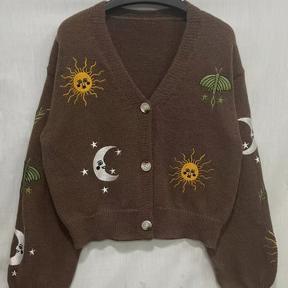 Cardigan court en maille pour femme, col en V, manches longues, motifs soleil et lune brodés