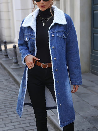 Manteau long en jean bleu délavé doublé doux pour femme