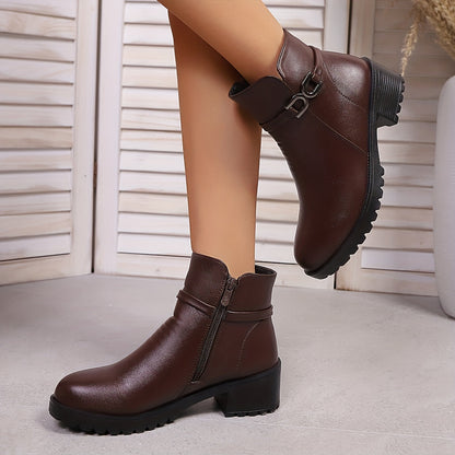 Bottines Femme à Boucle Métallique et Fermeture Éclair Latérale Semelle Crantée