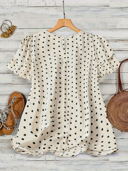 Elegant style feminine polka dot blouse with short sleeves and round neck for summer