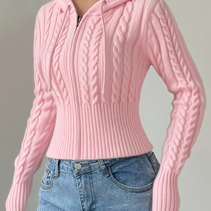 Sweat à capuche Femme tricoté torsadé court avec zip et cordon de serrage