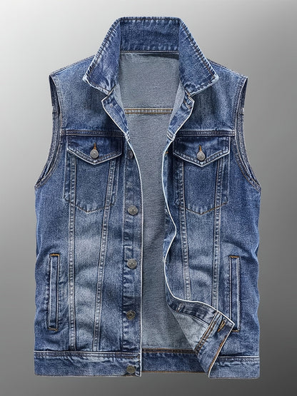 Gilet en Jean sans Manches pour Homme, Boutons Métalliques, Poches Poitrine et Latérales