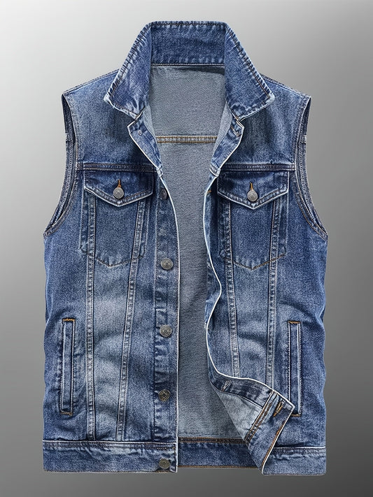 Gilet en Jean sans Manches pour Homme, Boutons Métalliques, Poches Poitrine et Latérales