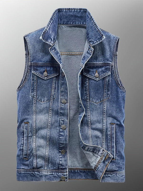 Gilet en Jean sans Manches pour Homme, Boutons Métalliques, Poches Poitrine et Latérales