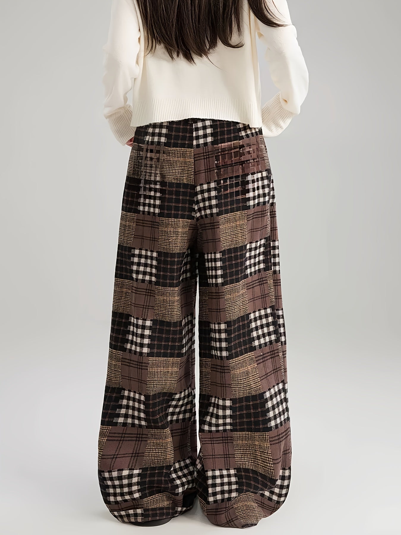Pantalon large à carreaux style patchwork marron doublé doux