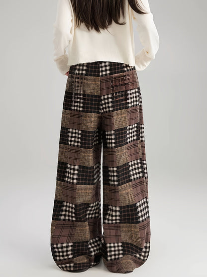 Pantalon large à carreaux style patchwork marron doublé doux