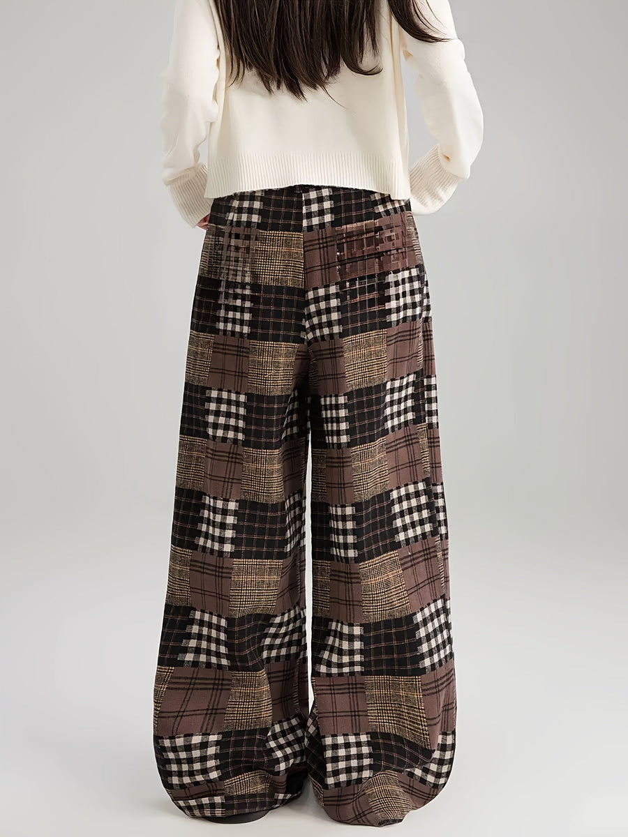 Pantalon large à carreaux style patchwork marron doublé doux