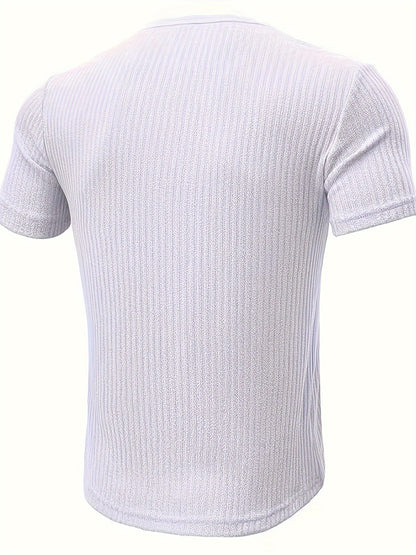 T-shirt Décontracté à Manches Courtes pour Homme Style Henley Boutonné Rayé