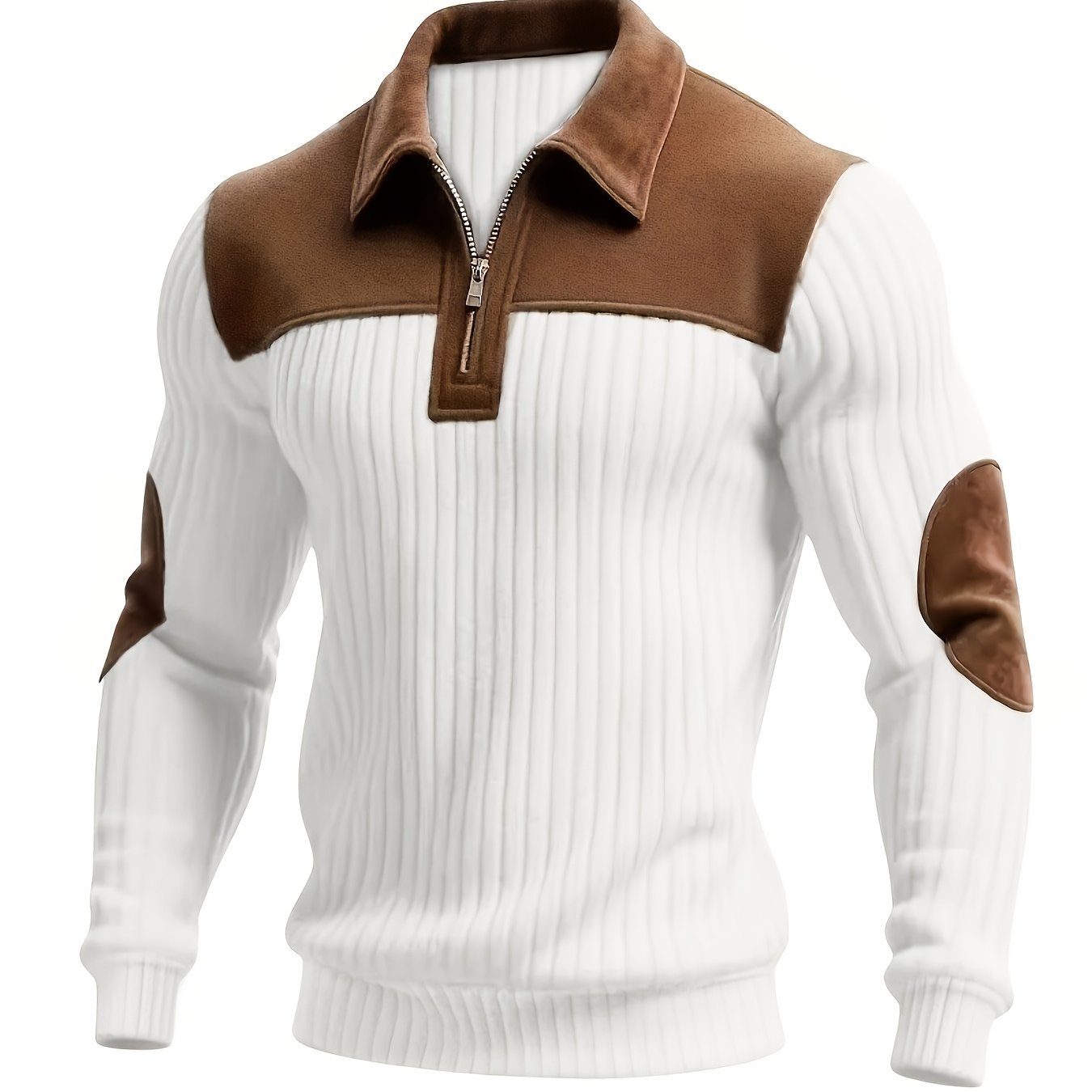 Pull homme côtelé col polo zippé empiècements contrastants coudes et épaules