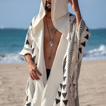 Poncho da spiaggia bohémien da uomo con cappuccio e motivi geometrici – stile festival casuale