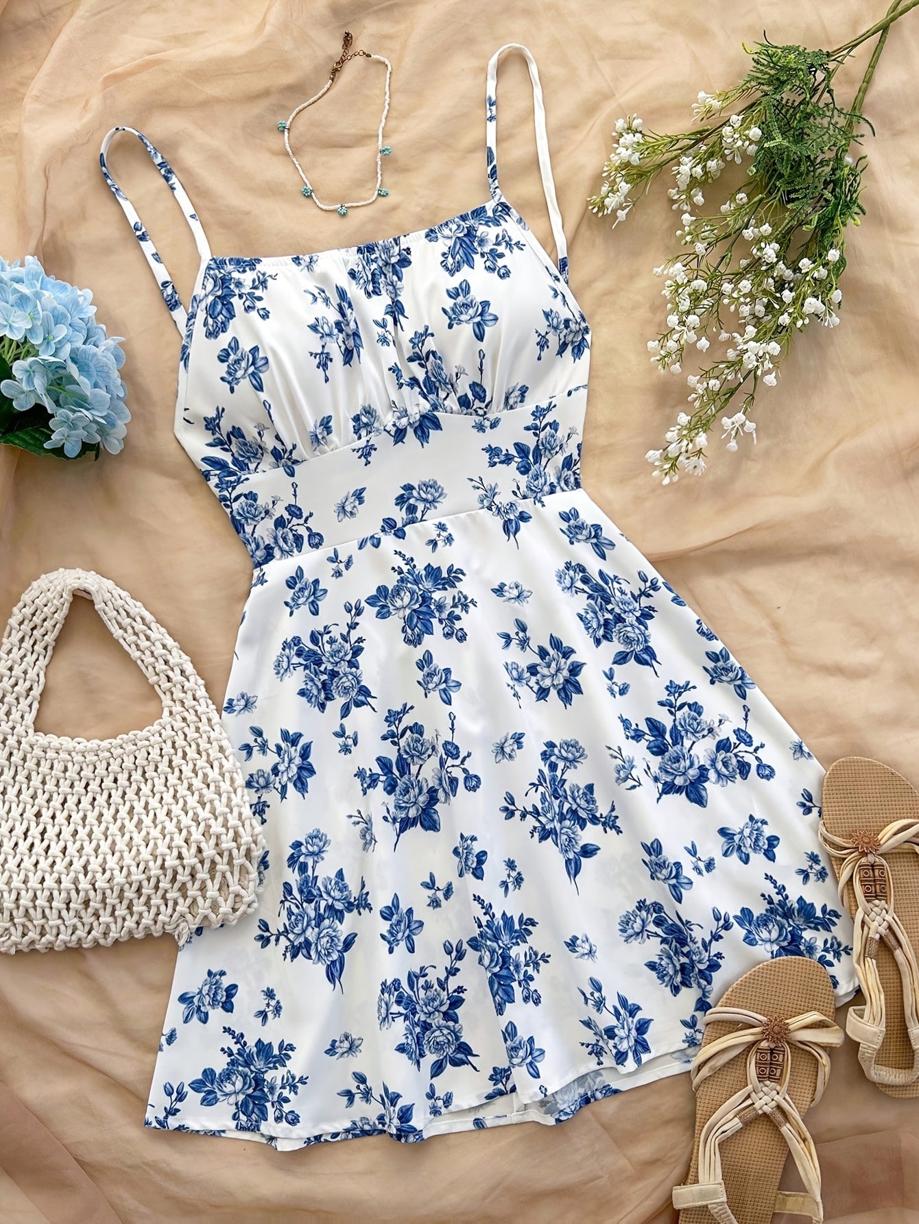 Abito estivo femminile stile elegante a fiori, taglio a trapezio, uso quotidiano o occasione speciale