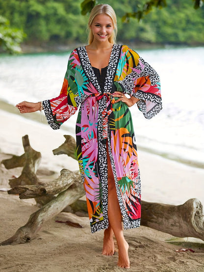 Kimono Long de Plage pour Femme Style Tropical Graphique et Animalier - Idéal Vacances et Bord de Mer