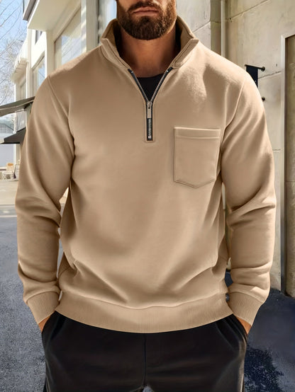 Sweat-shirt Homme Col Montant Zippé avec Poche Poitrine Couleur Unie