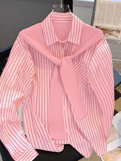 Chemise rayée femme à manches longues avec fausse écharpe nouée devant