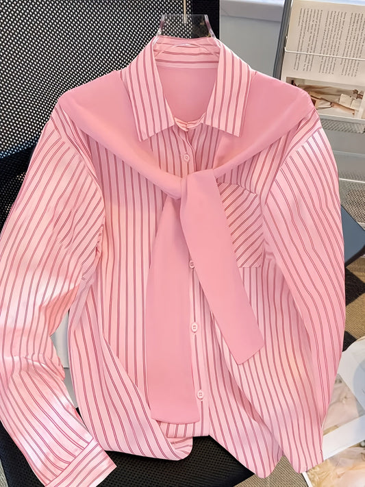 Chemise rayée femme à manches longues avec fausse écharpe nouée devant