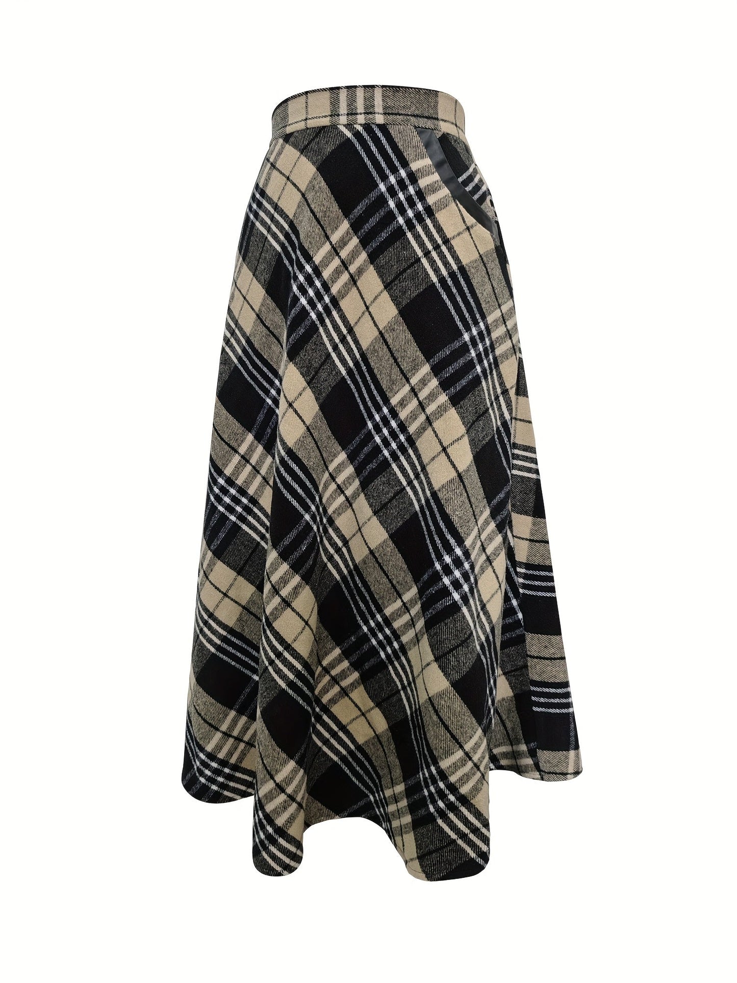 Jupe longue évasée à carreaux style écossais noir et blanc pour femme