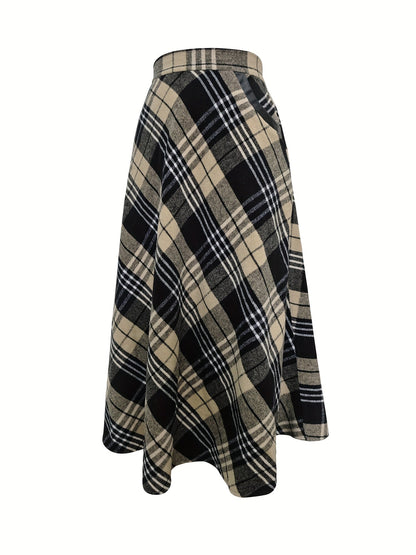 Jupe longue évasée à carreaux style écossais noir et blanc pour femme