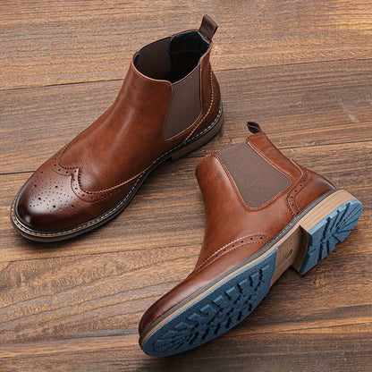 Bottes Chelsea Homme Marron Brogue Détails Perforés Élastiques Latéraux Semelle Bleue