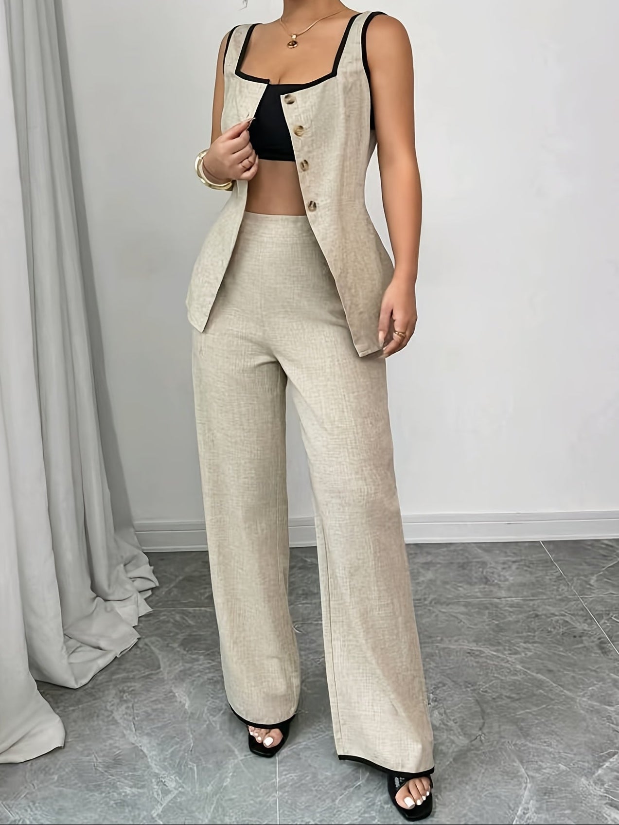 Elegantes Damen-Hosen- und Oberteil-Set im Büro-Stil mit Knöpfen – Frühling/Sommer