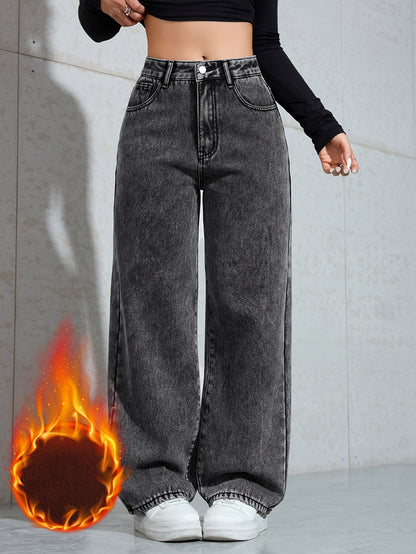 Jean large délavé femme doublé marron taille haute