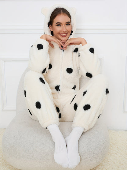 Combinaison Pyjama Polaire Femme à Capuche Ourson ou Pois Colorés Fermeture Éclair
