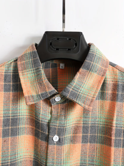 Chemise à carreaux homme, manches longues, orange et gris, style décontracté