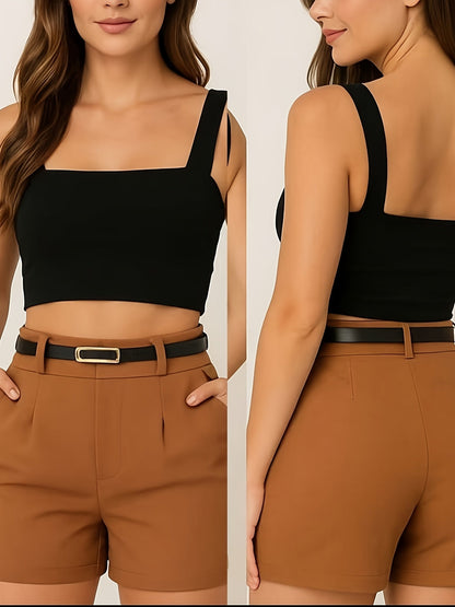 Ensemble élégant pour femme – Top court à bretelles larges et short taille haute avec ceinture – Tenue chic estivale