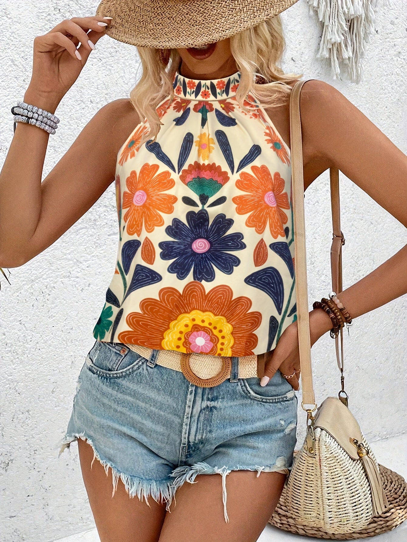 Top da donna con stampa floreale in stile boho chic senza maniche - Ideale per l'estate e le vacanze