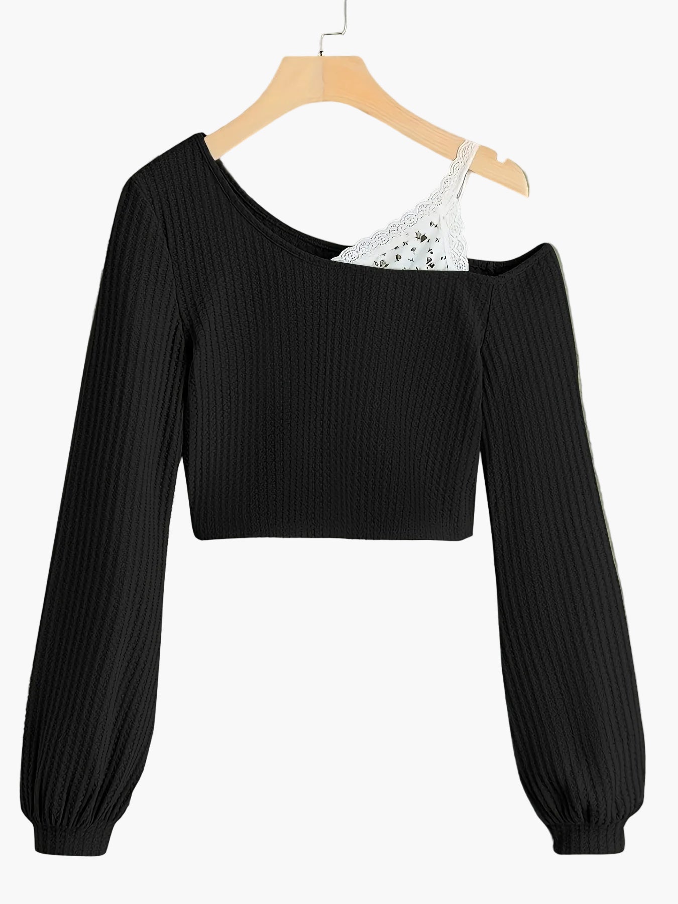 Pull court femme style asymétrique à épaule dénudée avec détail dentelle – Mode décontractée tendance
