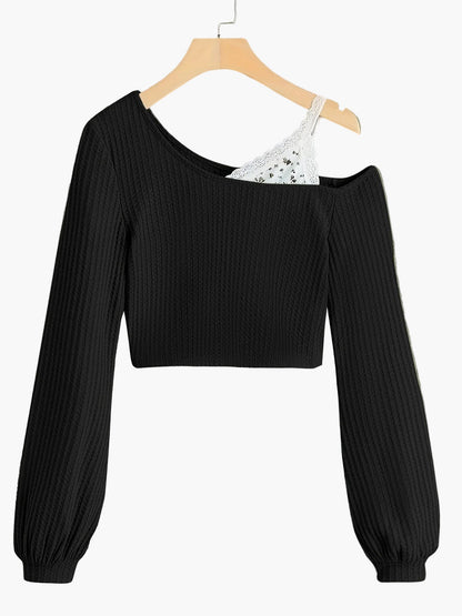 Pull court femme style asymétrique à épaule dénudée avec détail dentelle – Mode décontractée tendance